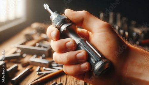 Close-Up of a Hand Holding a Screwdriver, Highlighting Manual Labor Tools.  photo