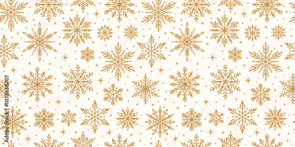 Gold snowflake vector pattern, elegant winter holiday seamless repeating background, white and golden wallpaper design