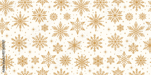 Gold snowflake vector pattern, elegant winter holiday seamless repeating background, white and golden wallpaper design