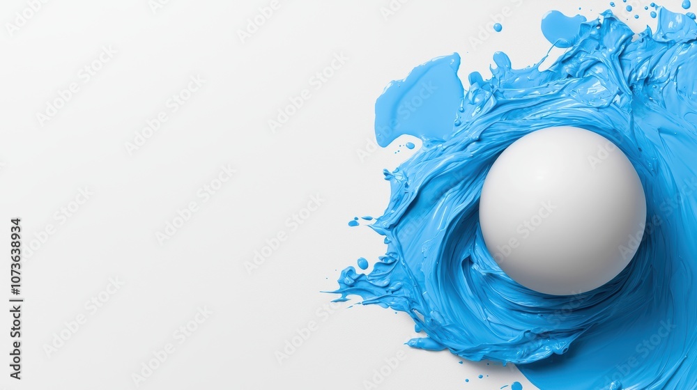 A smooth white sphere rests amidst a splash of vibrant blue paint, showcasing a dynamic contrast against a minimalist background. A smooth white sphere rests amidst a splash of vibrant blue paint, showcasing a dynamic contrast against a minimalist background.