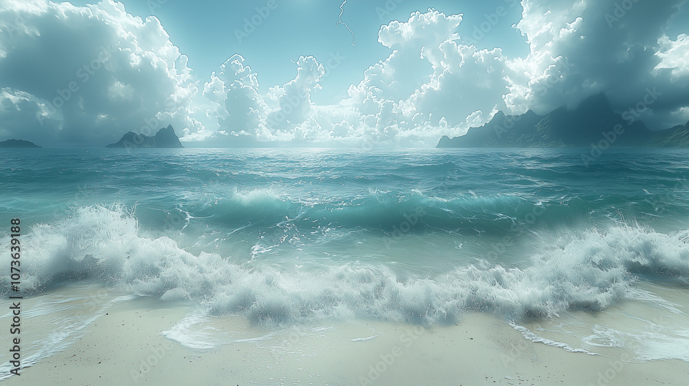 Fototapeta premium waves on the beach, Lightning, cloudy day, landscape