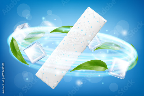 Chewing gum, with ice cubes and mint leaves. Green leaves spearmint for fresh breathing. Refreshing sweet candy, Advertising banner. Realistic 3D vector illustration
