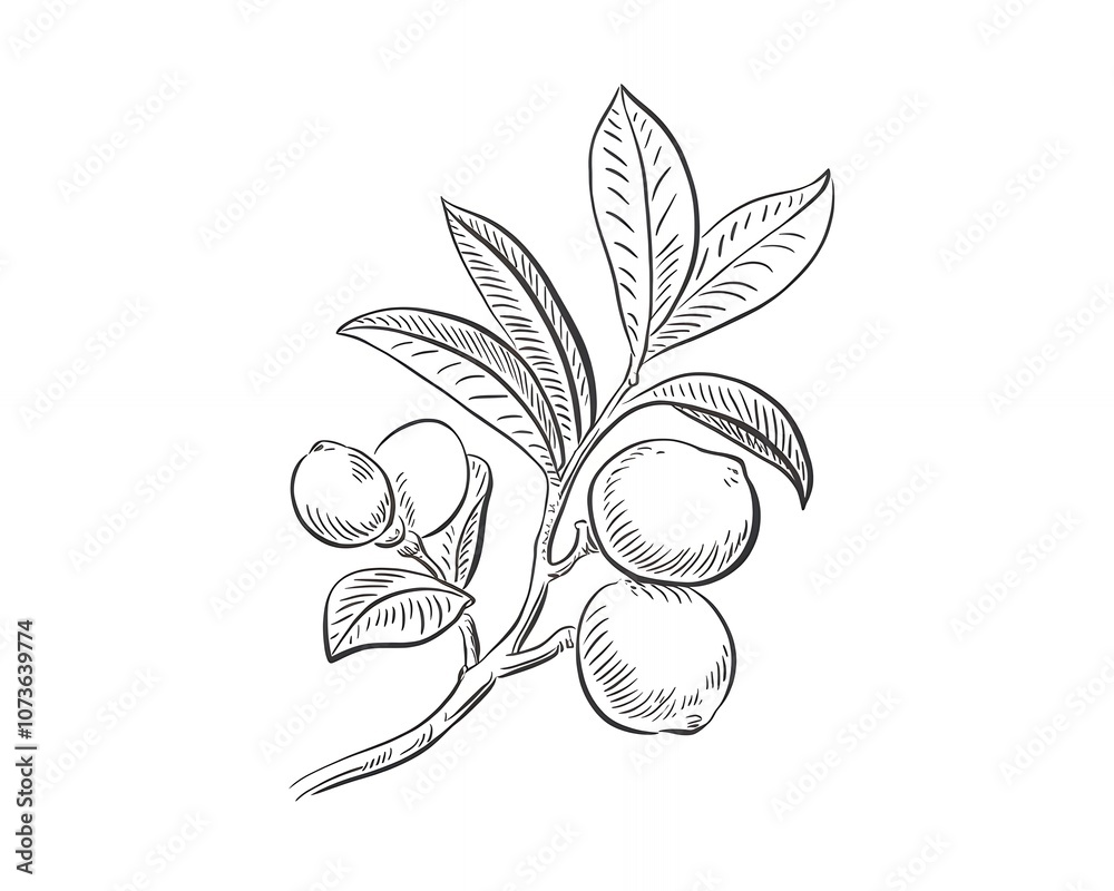 Fototapeta premium Hand drawn illustration of a branch with leaves and fruit.
