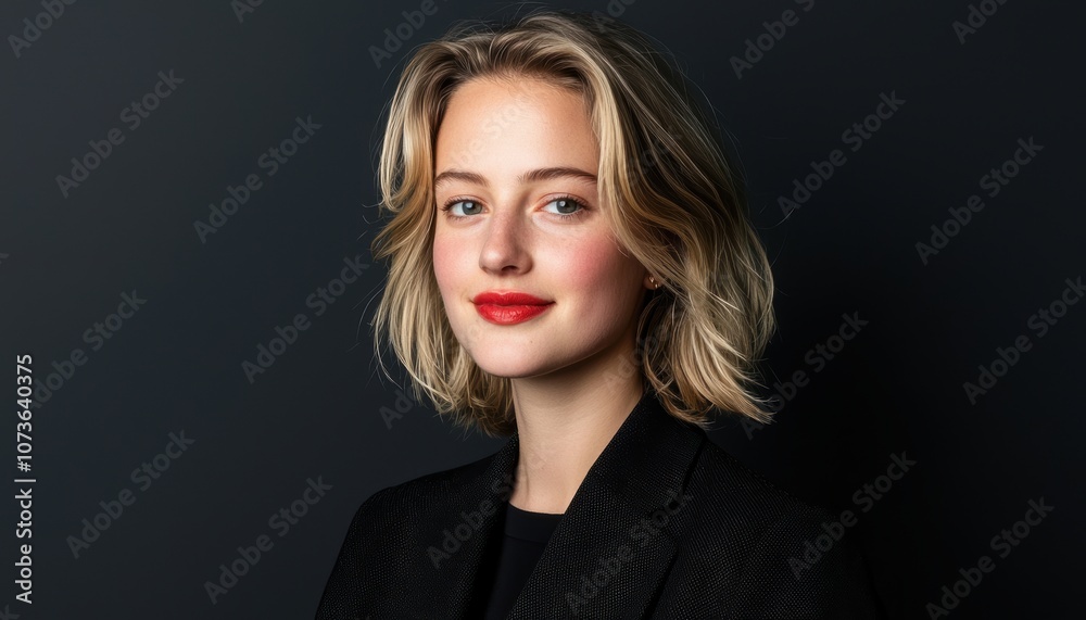 A portrait of a woman with a stylish bob haircut and red lipstick, posing confidently against a dark background. A portrait of a woman with a stylish bob haircut and red lipstick, posing confidently against a dark background.