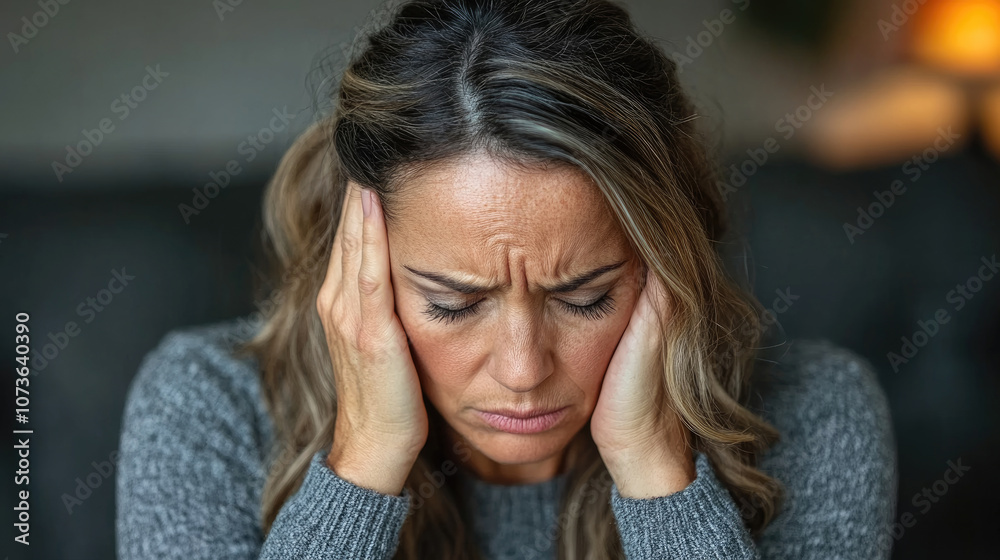 A woman holds her head in her hands while displaying signs of stress in a softly lit living room filled with warm tones