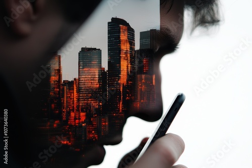 A thoughtful silhouette overlays a cityscape, blending technology and urban life, illustrating modern connectivity.