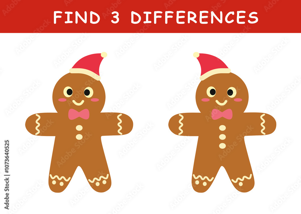 Fototapeta premium Christmas activity sheet. Find 3 differences in illustration. Educational activity with cute christmas gingerbread man illustration. Spot difference. Educational fun game for children.
