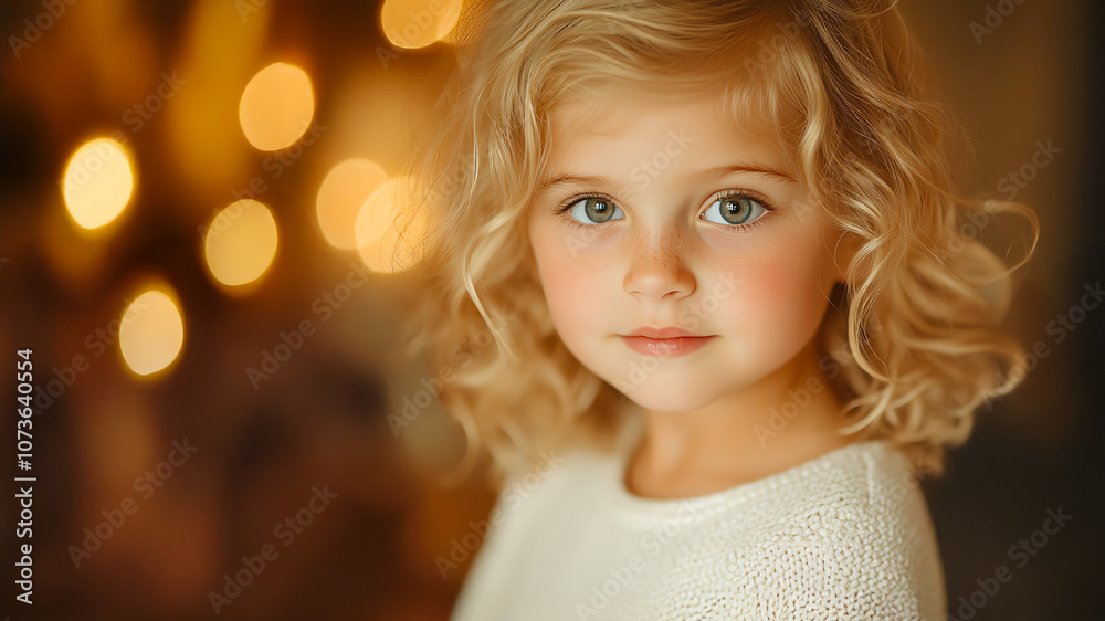 Portrait of Adorable Blonde Girl with Curly Hair and Freckles, Wearing Cozy Sweater, Warm Bokeh Lights in Background, Capturing Innocent and Dreamy Childhood