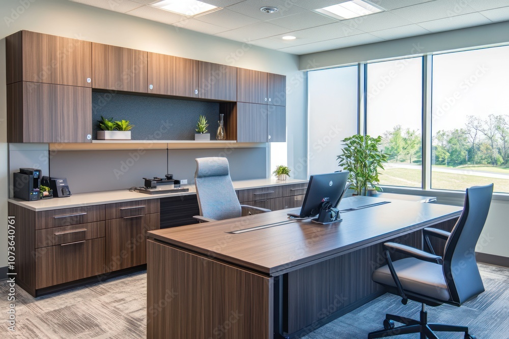 Modern Office Interior with Wooden Desk, Two Chairs, and a Window View Modern Office Interior with Wooden Desk, Two Chairs, and a Window View