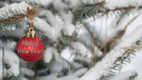 A Christmas toy is hanging on a snow-covered green fir tree in the video it is snowing