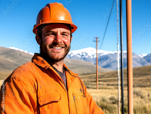 Electrical engineer, smiling while standing outdoors near power lines and mountains