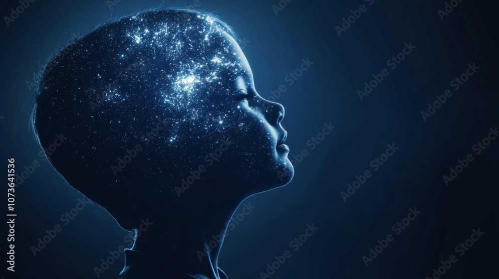 Fototapeta premium Child silhouette with stars in head, concept of imagination, dreams and universe, dark blue background
