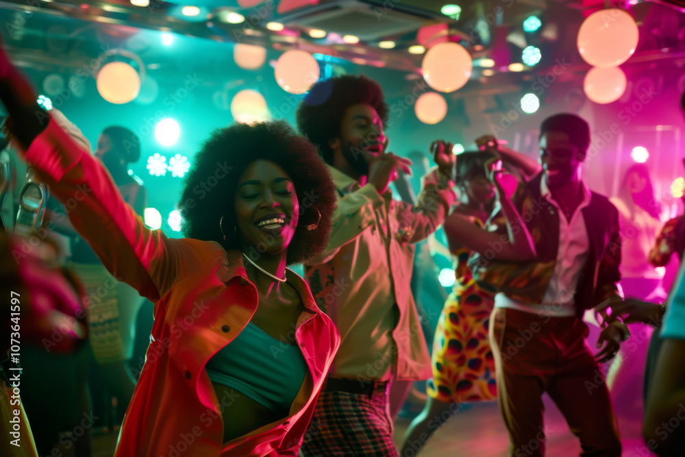 People dancing under disco balls with colorful lights and vibrant nightlife People dancing under disco balls with colorful lights and vibrant nightlife