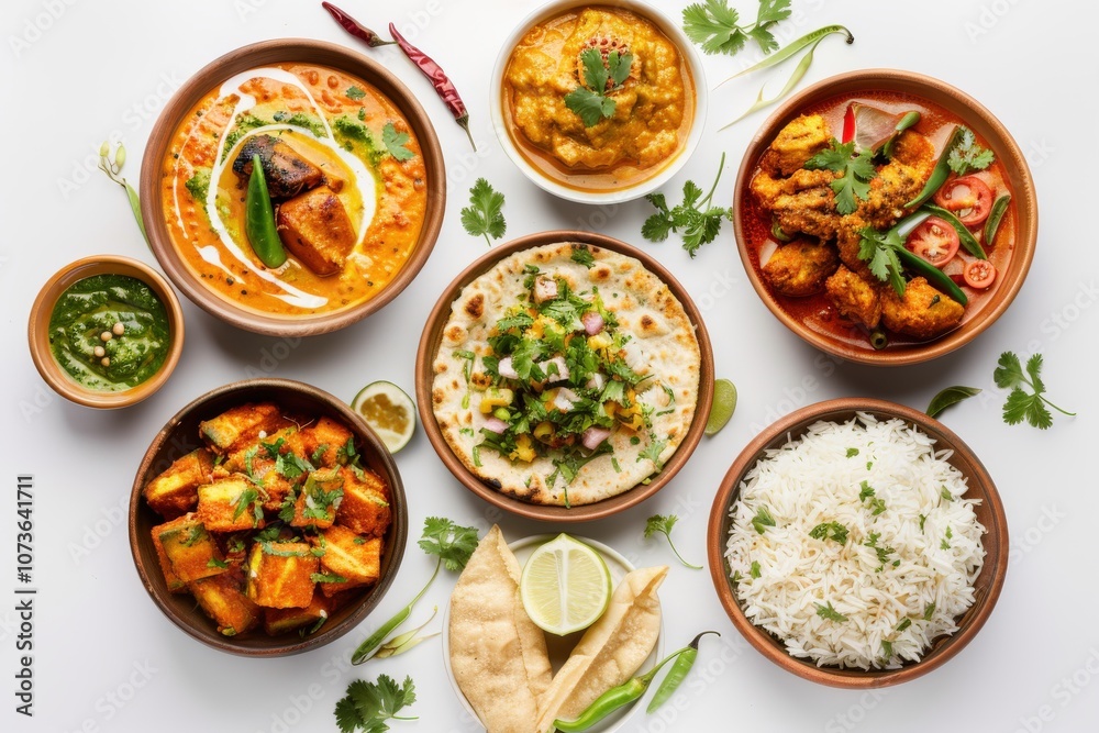 Assorted Indian Dishes with Rice, Naan, and Curry Assorted Indian Dishes with Rice, Naan, and Curry