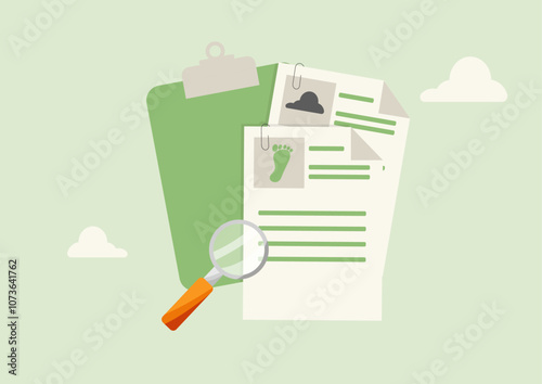 Environmental Impact Report Analysis Document Clipboard. Collect emissions Data. Environmental Data Analytics. Carbon Footprint and Ecological Data. Vector illustration