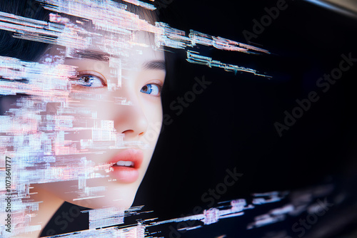 Digital art featuring a futuristic face blended with dynamic lines and glitch effects on a dark background. photo