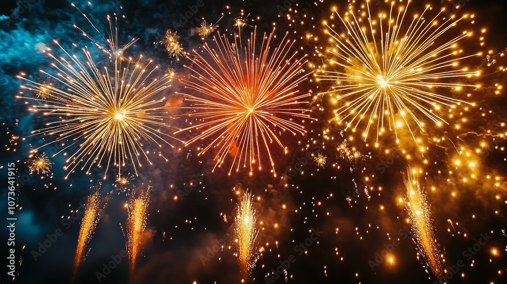 Fototapeta premium Fireworks display background at night