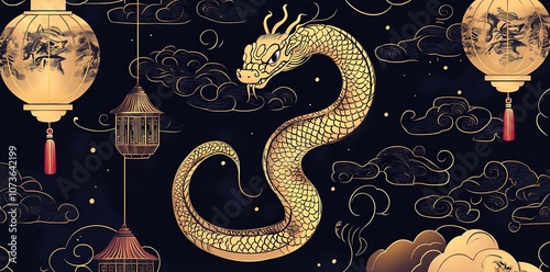 A Seamless Pattern with a Gold Snake, Clouds, and Lanterns

 photo