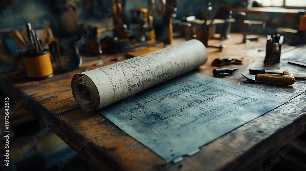 A blueprint rolled out on a wooden workbench with tools scattered around.