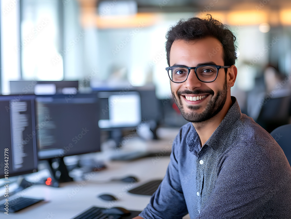 Fototapeta premium Software developer working in modern office, coding and analyzing software programs while smiling at the camera with monitors in the background