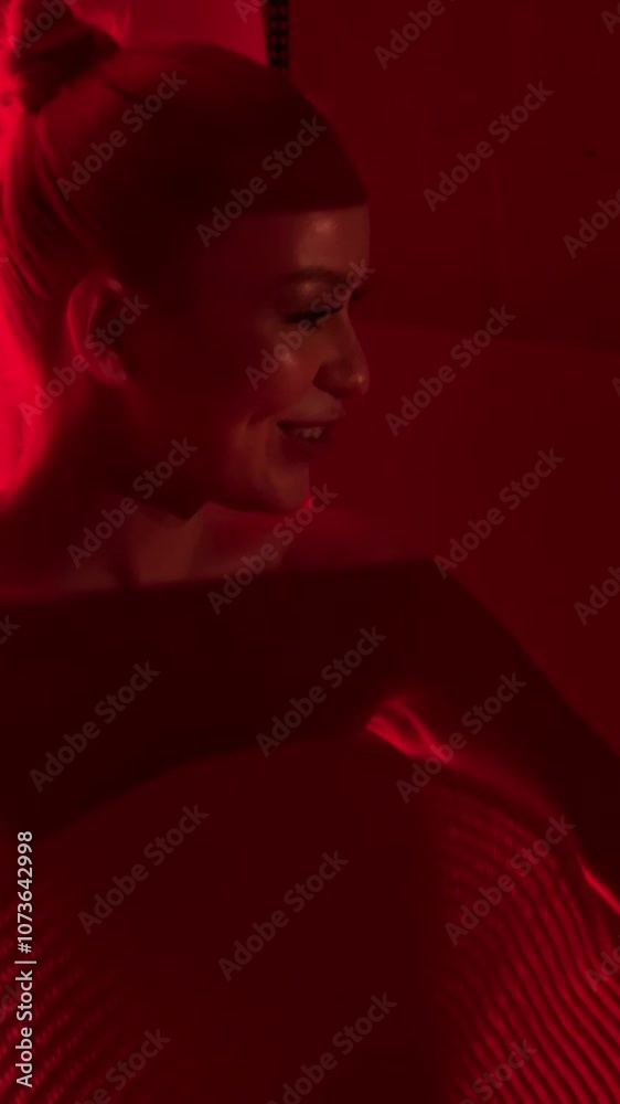 A woman enjoys a playful moment in vibrant red lighting at a studio A woman enjoys a playful moment in vibrant red lighting at a studio