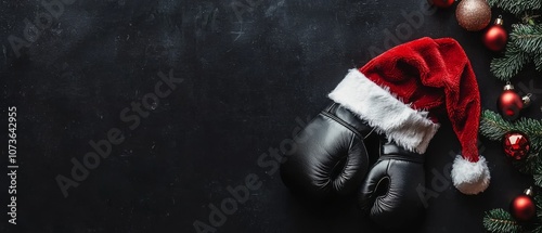 Festive Boxing Gloves with Santa Hat and Christmas Decorations photo