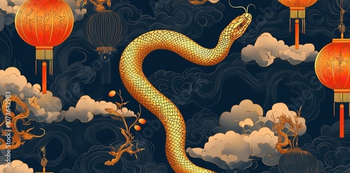 A Seamless Pattern with a Gold Snake, Clouds, and Lanterns

 photo