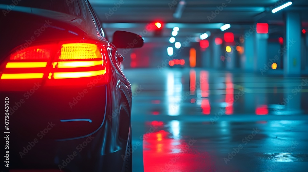Vehicle Alarm Activation Highlighting the Importance of Modern Security Systems in Theft Prevention The image depicts a car s red tail lights glowing in a dimly lit underground parking garage Vehicle Alarm Activation Highlighting the Importance of Modern Security Systems in Theft Prevention The image depicts a car s red tail lights glowing in a dimly lit underground parking garage