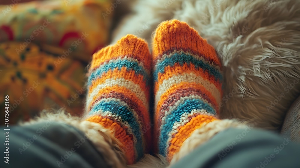 Close up view of soft fuzzy socks comfortably resting on a plush couch creating a cozy and snug atmosphere perfect for National Sock Day and indoor leisure time Close up view of soft fuzzy socks comfortably resting on a plush couch creating a cozy and snug atmosphere perfect for National Sock Day and indoor leisure time