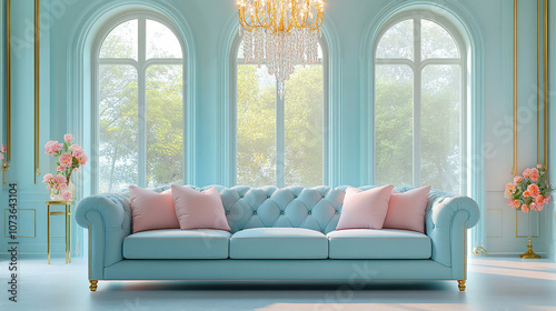 Blue sofa with pink pillows in a classic room with three large windows and a crystal chandelier.