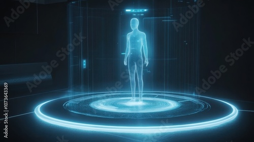AI-based language translator displayed as a hologram, futuristic communication tool.