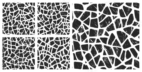 Broken Tiles Grunge Seamless Pattern Vector Set Black White Abstract Background. Rough Crushed Fragments Endless Texture Clip Art Bundle for Textile Print or Home Decor. Vintage Tile Art Illustrations