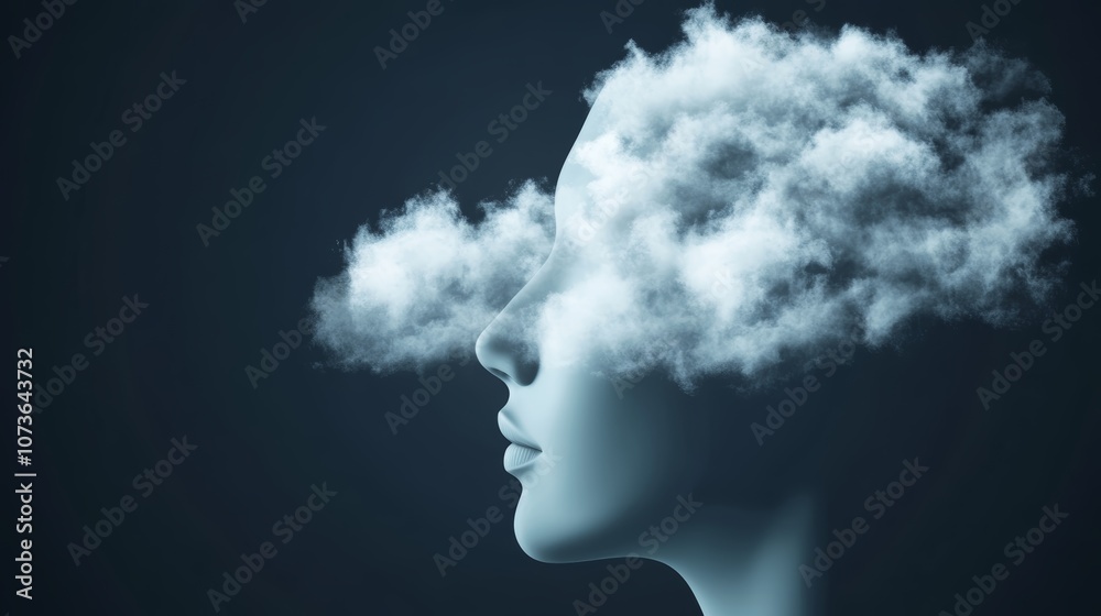 Exploring the mind, a woman's profile with brainshaped cloud symbolizing thoughts, ideas, and the power of imagination