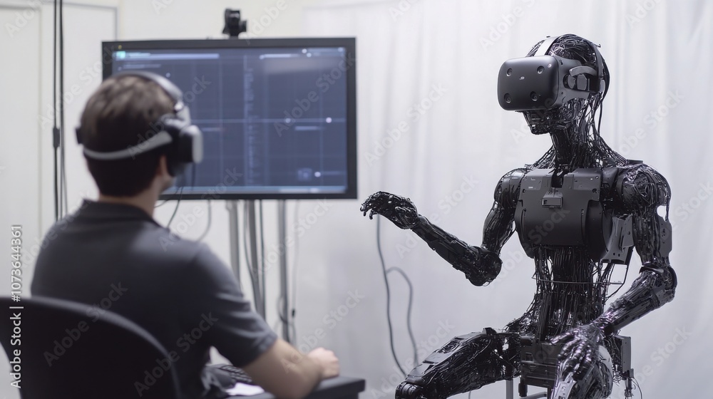 Humanoid robot learning through virtual reality, immersed in AI training simulations Humanoid robot learning through virtual reality, immersed in AI training simulations