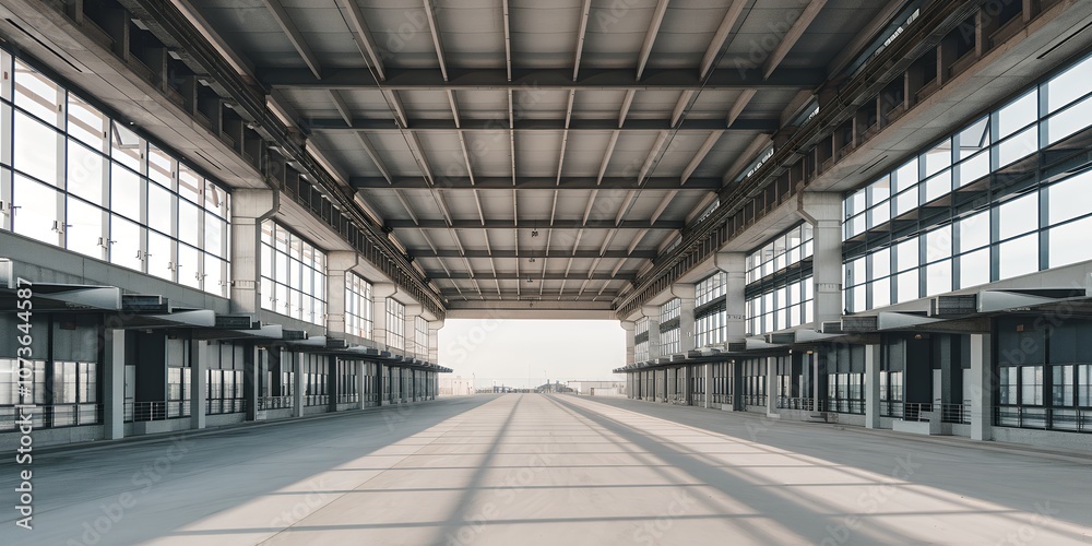 A long, empty industrial hallway with a steel framework and large windows. A long, empty industrial hallway with a steel framework and large windows.