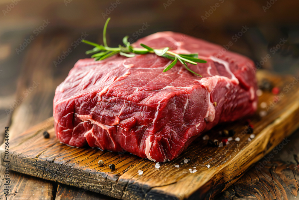 Raw red meat on a wooden board. Fresh meat from grass-fed and free-range animals Raw red meat on a wooden board. Fresh meat from grass-fed and free-range animals