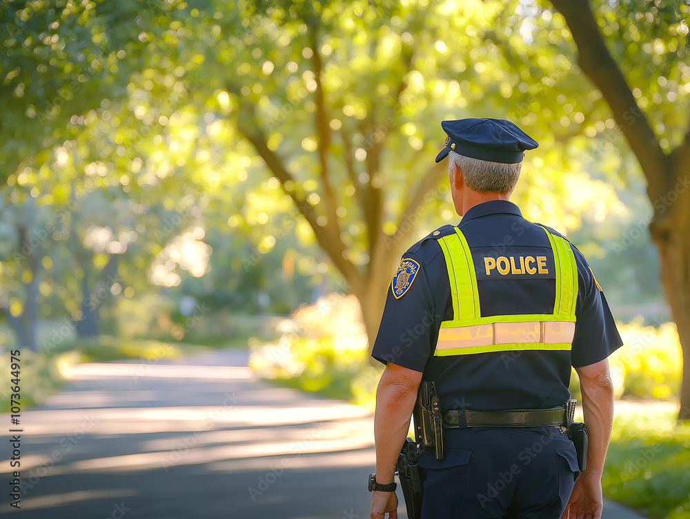 Obraz premium Police officer, patrolling through a peaceful park area during the daytime, maintaining safety and security