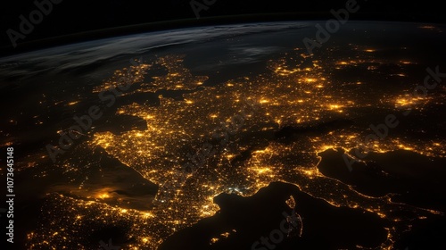 A stunning view of the Earth at night, with a vast expanse of city lights illuminating the landscape from space.