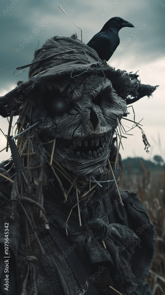 Fototapeta premium A close-up of a horrifying scarecrow in an empty field at dusk, tattered clothing