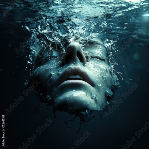 A serene underwater scene captures a face partially submerged, with bubbles and ripples creating a tranquil effect, This image can be used in themes of introspection, tranquility photo