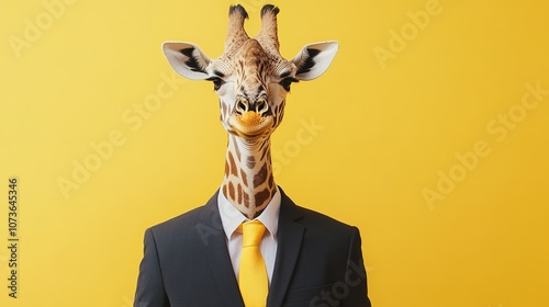 Giraffe in suit and tie on yellow background. Creative marketing campaign concept, 4k Resolution photo