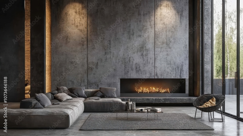 A modern living room with a large grey sectional sofa, a fireplace, and a wicker chair. The room has a minimalist aesthetic with exposed concrete walls. A modern living room with a large grey sectional sofa, a fireplace, and a wicker chair. The room has a minimalist aesthetic with exposed concrete walls.