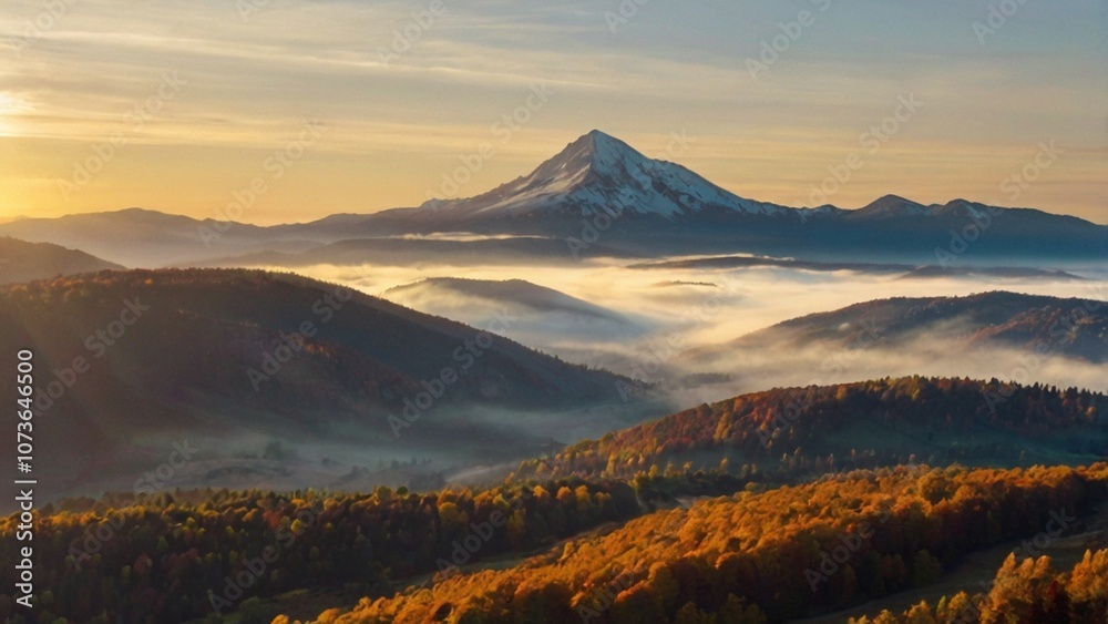 Obraz premium Herbst in den Bergen, Nebel liegt noch in den Tälern, über den Gipfeln geht die Sonne auf