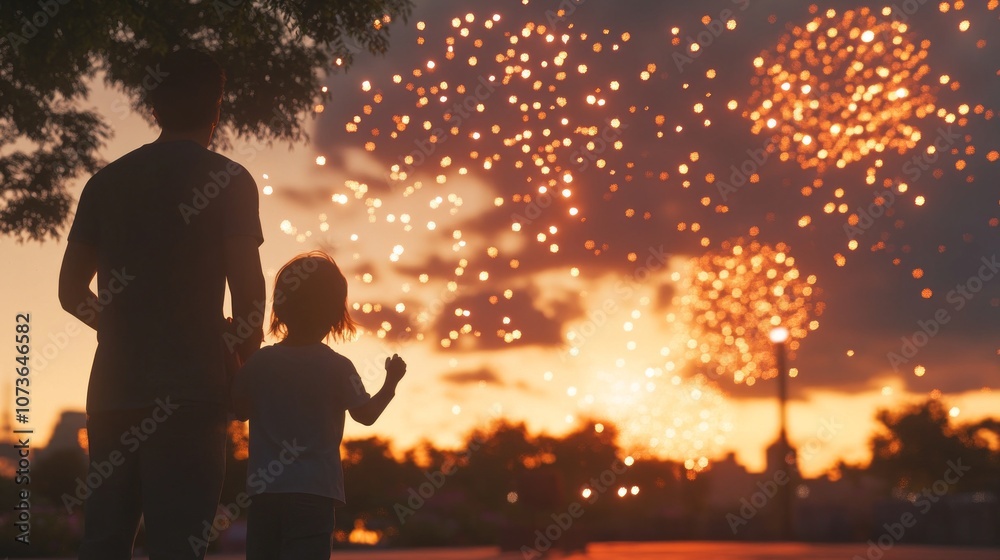 A man and a child are watching fireworks together A man and a child are watching fireworks together