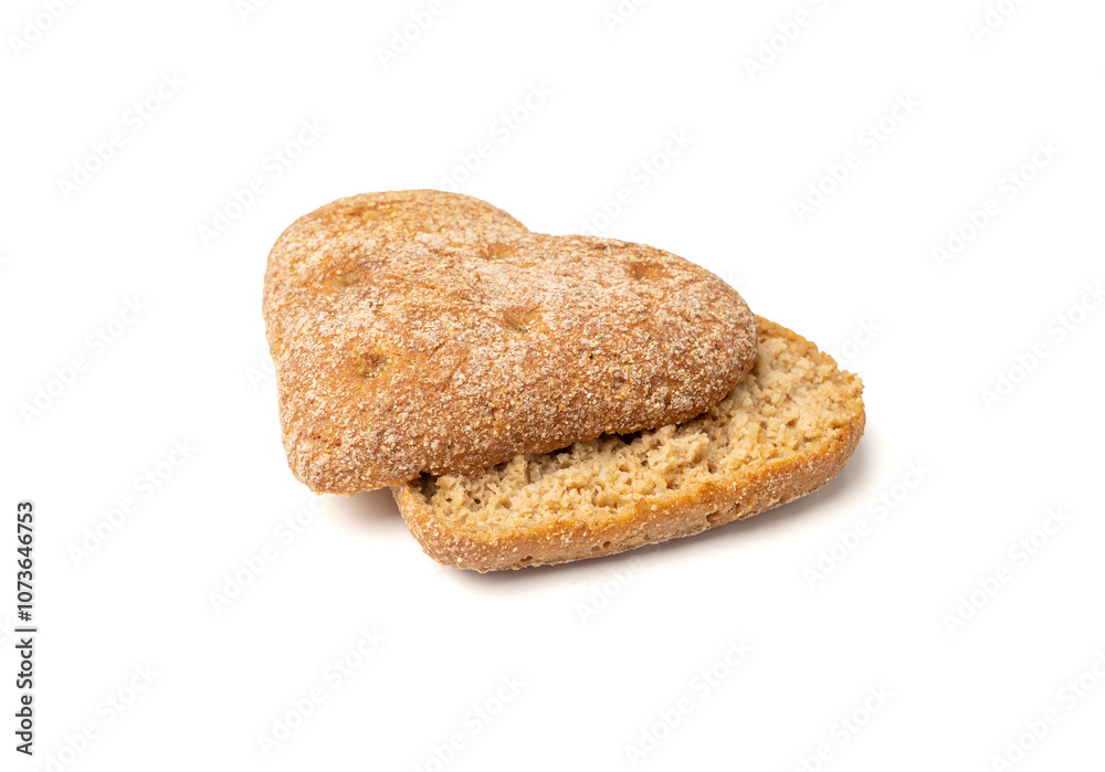 Oatmeal Bun in the Shape of a Heart Isolated, Gluten Free Flat Finnish Bread Roll Oatmeal Bun in the Shape of a Heart Isolated, Gluten Free Flat Finnish Bread Roll