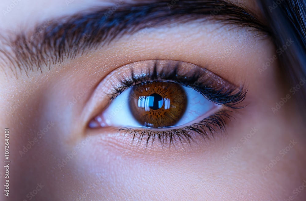 Obraz premium Close-Up Female Eye With Contact Lens & Brown Iris