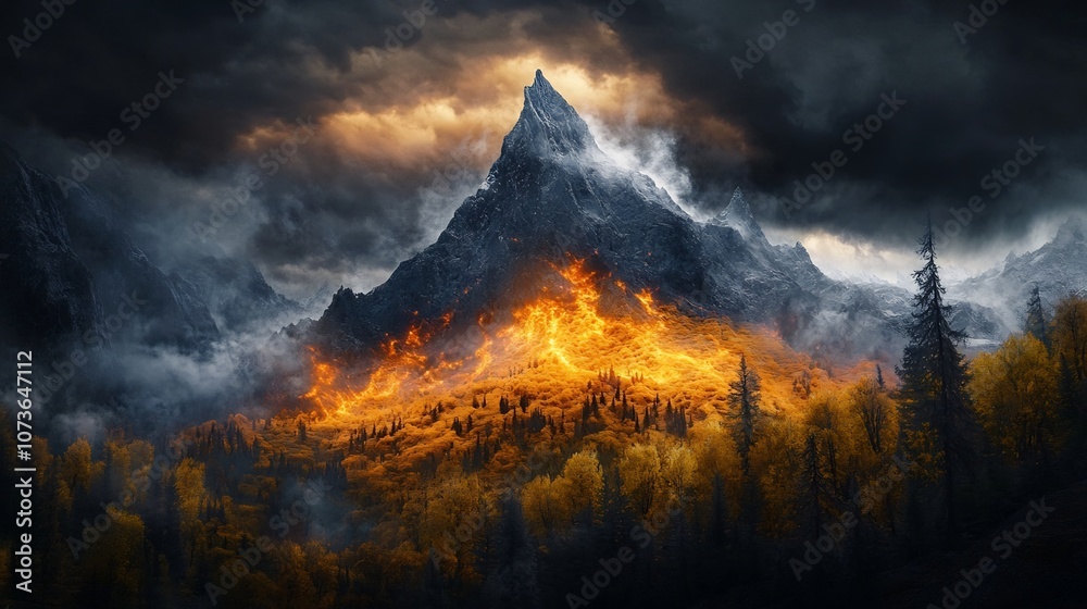 Fototapeta premium Fiery Autumn Mountain Landscape Under Dramatic Cloudy Sky