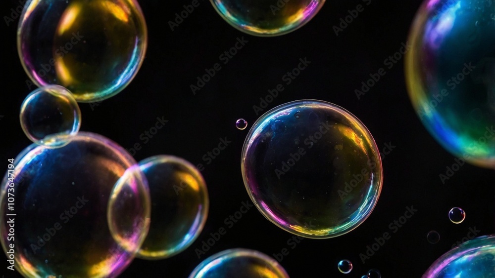 Bunte schillernde Seifenblasen vor einem dunklen Hintergrund Bunte schillernde Seifenblasen vor einem dunklen Hintergrund