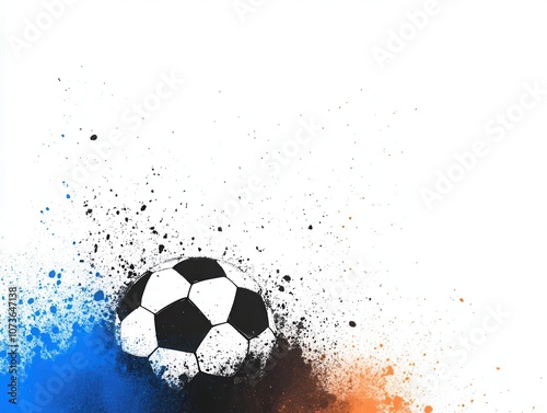 Soccer ball in blue and orange splatter. photo