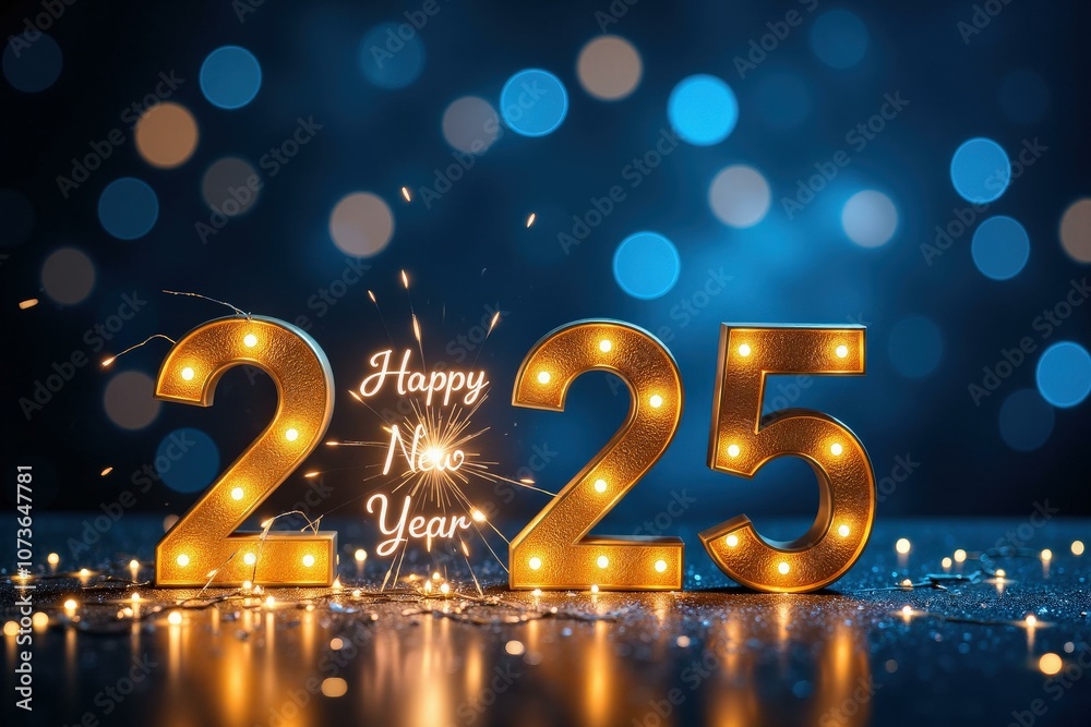 Celebrate the Arrival of 2025 with Golden Illuminated Numbers and Sparkling Fireworks against a Dark Blue Bokeh Background, Perfect for New Year's Greetings and Festive Cards Celebrate the Arrival of 2025 with Golden Illuminated Numbers and Sparkling Fireworks against a Dark Blue Bokeh Background, Perfect for New Year's Greetings and Festive Cards